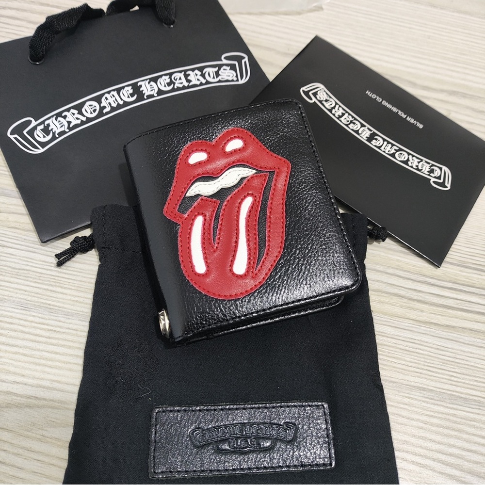 Chrome Hearts Black Leather Money Clip with Red Tongue Patch - Picture 2 of 10